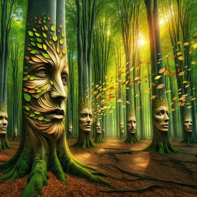 The primary subject of the image is a tree with faces carved into it, creating a unique and artistic display. The tree is surrounded by a forest, with other trees visible in the background. The visual style of the image is a combination of photo and digital art, as it appears to be a real tree with faces carved into it, yet the faces are also depicted in a digital artistic manner. The colors and mood of the image are predominantly green, with the faces adding a touch of human emotion and cre